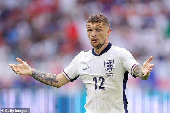 GELSENKIRCHEN, GERMANY - JUNE 30: Kieran Trippier of England gestures during the UEFA EURO 2024 round of 16 match between England and Slovakia at Arena AufSchalke on June 30, 2024 in Gelsenkirchen, Germany. (Photo by Alex Livesey/Getty Images)