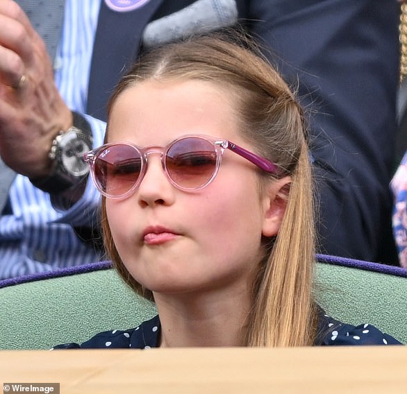 Princess Charlotte pulled a series of animated expressions during the men's final on day fourteen of the Wimbledon Tennis Championships at the All England Lawn Tennis and Croquet Club