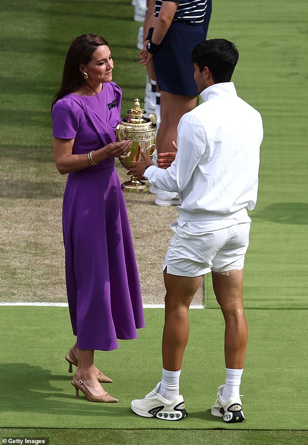 The Princess of Wales presented the Wimbledon trophy to Carlos Alcaraz this afternoon as the Spaniard won the Grand Slam for a second year in a row