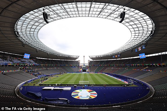 BERLIN, GERMANY - JULY 14: General view inside the stadium priro to the UEFA EURO 2024 final match between Spain and England at Olympiastadion on July 14, 2024 in Berlin, Germany. (Photo by Eddie Keogh - The FA/The FA via Getty Images)