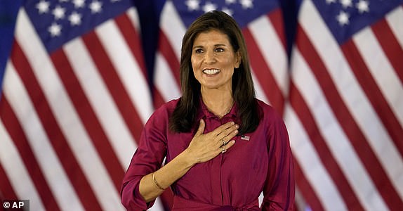 FILE - Republican presidential candidate former UN Ambassador Nikki Haley gestures to the audience as she concludes a speech at a caucus night party in West Des Moines, Iowa, Jan. 15, 2024. Despite the fact two months have passed since Nikki Haley dropped out of the GOP presidential race, the former UN ambassador and South Carolina governor continues to draw significant support and votes in state primaries. With most of the votes counted from Indiana's presidential primary Tuesday, Haley has taken more than 21% of votes in the conservative state. (AP Photo/Abbie Parr, File)