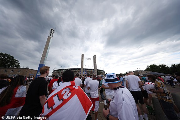 BERLIN, GERMANY - JULY 14: A general view of the outside of the stadium as fans enjoy the pre match atmosphere prior to the UEFA EURO 2024 final match between Spain and England at Olympiastadion on July 14, 2024 in Berlin, Germany. (Photo by Joosep Martinson - UEFA/UEFA via Getty Images)