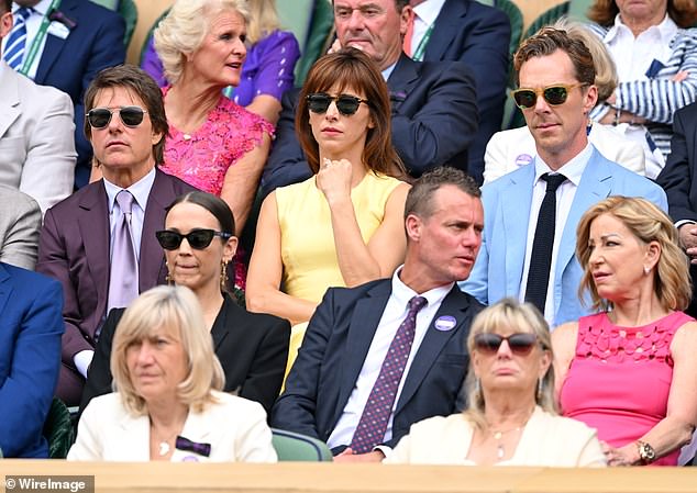 (L-R) Tom Cruise, Sophie Hunter and Benedict Cumberbatch watch the match on Sunday