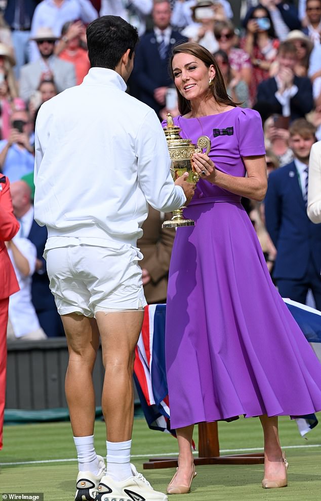 The Princess of Wales presented the Wimbledon trophy to Carlos Alcaraz this afternoon as the Spaniard won the Grand Slam for a second year in a row