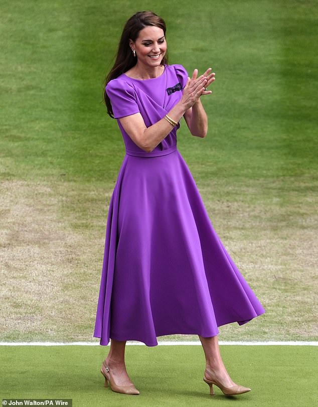 The Princess of Wales paired her purple designer dress with some nude mules and a plaid bow brooch