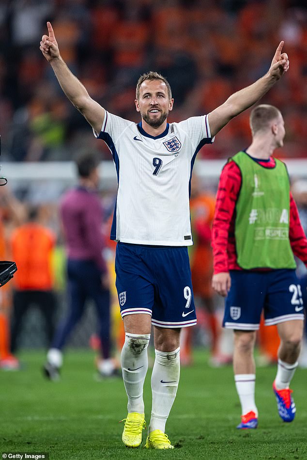 The singer seemed excited for the hotly-anticipated match between England and Spain, which kicked-off at 8pm in Berlin, Germany; pictured Harry  Kane