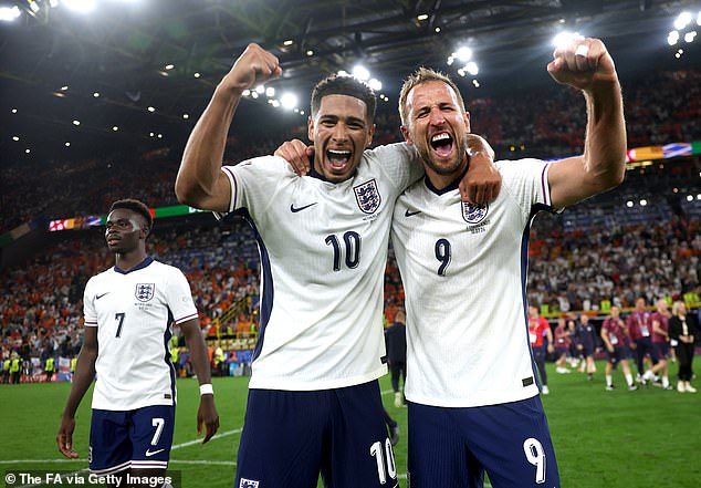 England go into the game as underdogs, with Spain winning all six of their matches so far, with the Three Lions playing out four draws in 90 minutes; pictured Jude Bellingham and Harry Kane