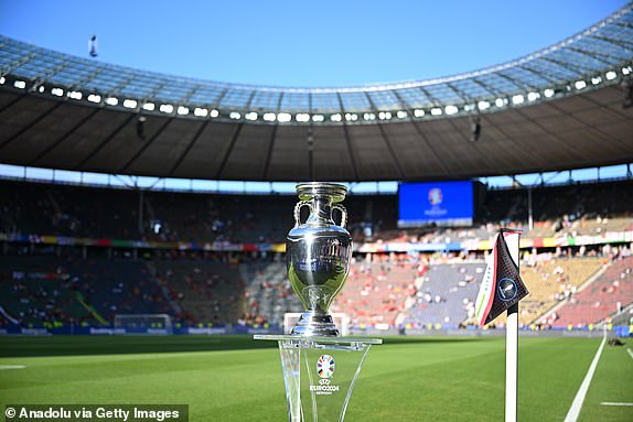 BERLIN, GERMANY - JULY 14: A view of the trophy ahead of the UEFA EURO 2024 final match between Spain and England at Olympiastadion in Berlin, Germany on July 14, 2024. (Photo by Hesham Elsherif/Anadolu via Getty Images)