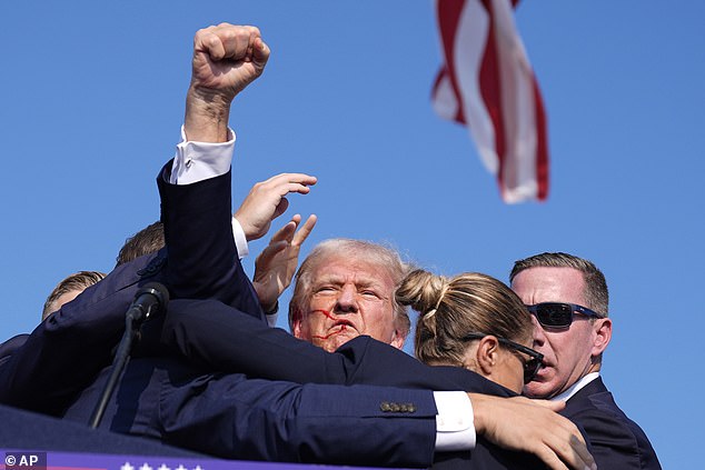 As Trump pumped his fist to the crowd he shouted 'fight, fight, fight.' Some were heard cheering his name and chanting 'USA' and 'Make America Great Again'