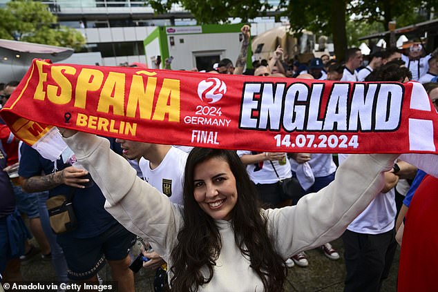 British football fans gather and chant slogans as they wait for the UEFA EURO 2024 final match