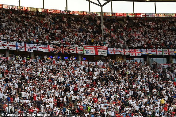 BERLIN, GERMANY - JULY 14: Football supporters are seen ahead of the UEFA EURO 2024 final match between Spain and England at Olympiastadion in Berlin, Germany on July 14, 2024. (Photo by Hesham Elsherif/Anadolu via Getty Images)