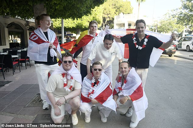 England fans pictured in Magaluf this evening before heading to the bars to watch the game