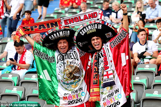 Fans of Mexico, wearing Sombreros which read 'Caramelo' and 'Caramelo Jr' and national flags of Mexico, pose for a photo on the inside of the stadium prior to the  Euros final