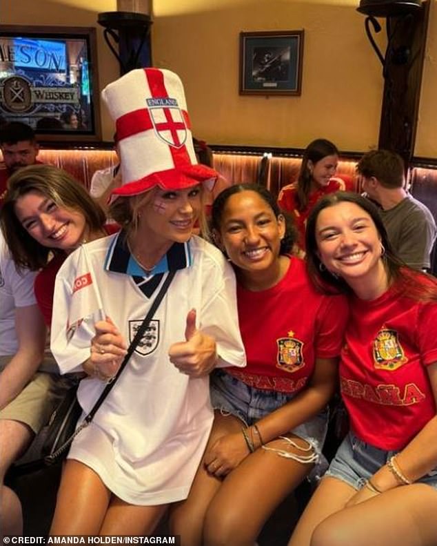 Joining a host of star-studded celebrities cheering on the Three Lions , Amanda supported the boys from afar with Spanish rivals