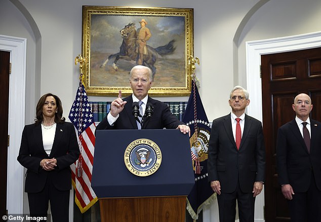 President Joe Biden delivers remarks on the assassination attempt on Republican presidential candidate former President Donald Trump at the White House with Vice President Kamala Harris, Attorney General Merrick Garland and Secretary of Homeland Security Alejandro Mayorkas