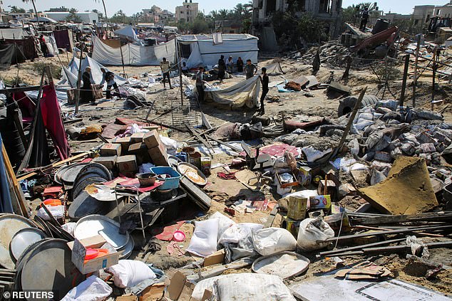 The damage following an Israeli strike at a tent camp in the Al-Mawasi area of Gaza