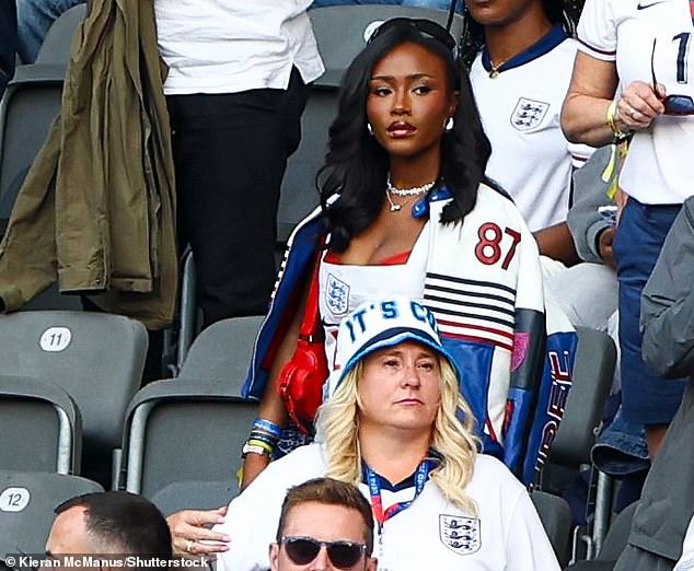 Pictured: Bukayo Saka's girlfriend Tolami Benson looked pensive as she took her seat in the stands