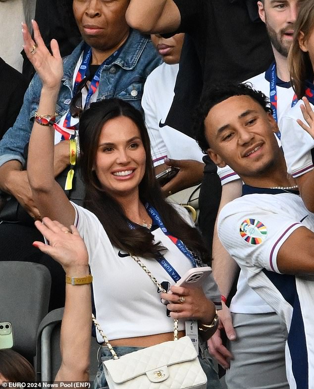 Pictured: Ellie Anderson - girlfriend of Ollie Watkins - and Jordan Watkins seen in the stands in Berlin