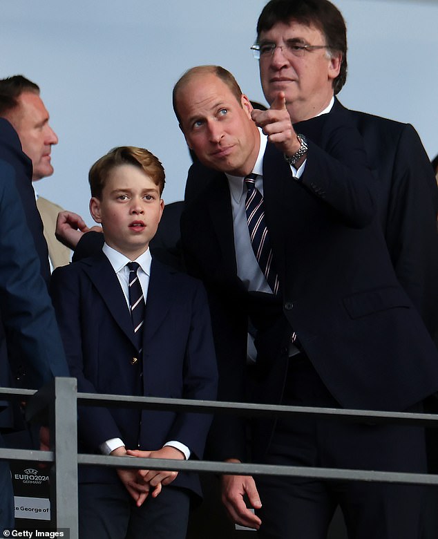 Pictured: Prince George was his father's mini-me in a navy suit and striped tie to watch the Euros final 2024