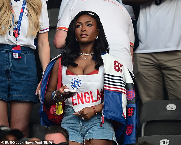 She was joined by Tolami Benson, the girlfriend of Bukayo Saka, who was sporting an England shirt