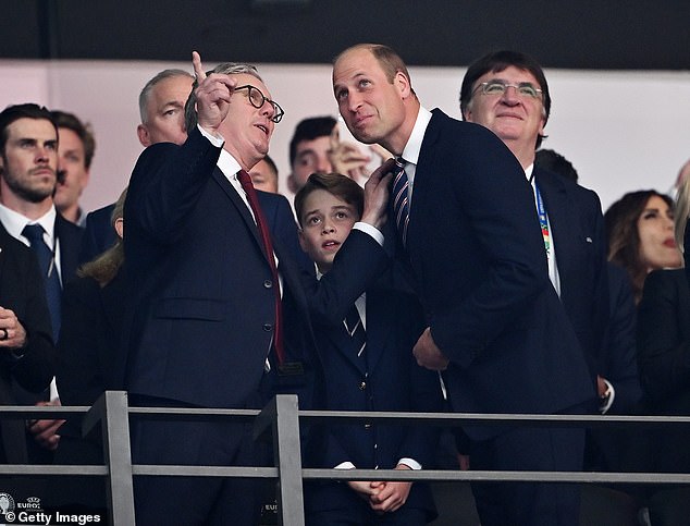 PM Keir Starmer seen placing a hand on Prince William's shoulder as he pointed up at something in the stadium