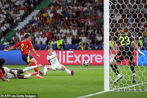 England's midfielder #11 Phil Foden fails to score during the UEFA Euro 2024 final football match between Spain and England at the Olympiastadion in Berlin on July 14, 2024. (Photo by Adrian DENNIS / AFP) (Photo by ADRIAN DENNIS/AFP via Getty Images)