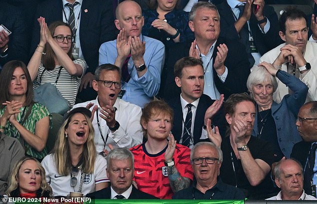 The pair joined Damian Lewis (right) watching nervously in the stands in Berlin to support the Three Lions in the 2024 Euros final on Sunday night as they ended up losing 2-1 to Spain