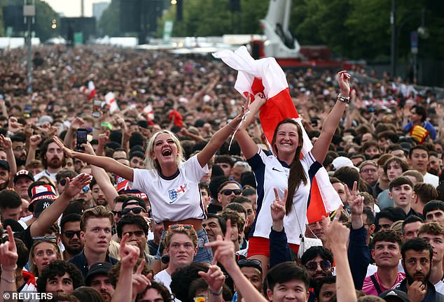 Before kick-off, England fans appeared in fine form, cheering and singing n a fanzone at the Brandenburg gate in Berlin