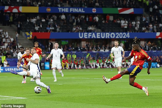 Nico Williams of Spain scores his team's first goal whilst under pressure from Kyle Walker of England