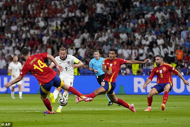 Rodri appears to have picked up the injury while trying to block Harry Kane's (No 9) shot