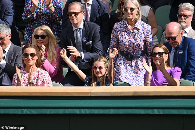 All smiles at All England: Pippa, Charlotte and Kate beamed on Centre Court during the men's final on Sunday afternoon