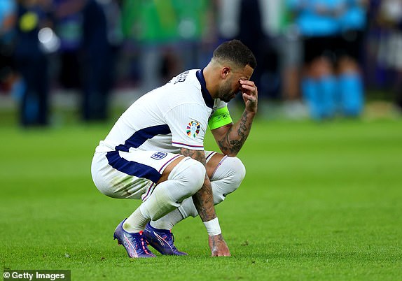 BERLIN, GERMANY - JULY 14: Kyle Walker of England looks dejected following defeat during the UEFA EURO 2024 final match between Spain and England at Olympiastadion on July 14, 2024 in Berlin, Germany. (Photo by Richard Pelham/Getty Images)