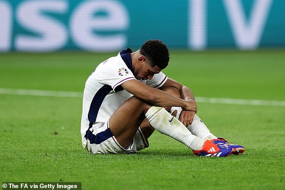 BERLIN, GERMANY - JULY 14: Jude Bellingham of England looks dejected following defeat during the UEFA EURO 2024 final match between Spain and England at Olympiastadion on July 14, 2024 in Berlin, Germany. (Photo by Eddie Keogh - The FA/The FA via Getty Images)