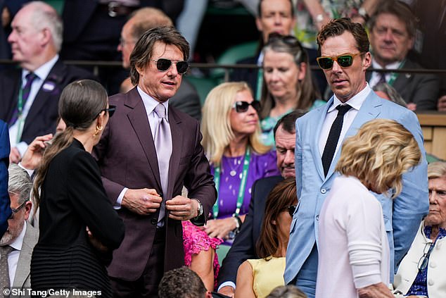 Tom Cruise (2-L) attended The Championships Wimbledon 2024 in London on Sunday where he sat with Benedict Cumberbatch (R) inside the Royal Box of All England Lawn Tennis and Croquet Club