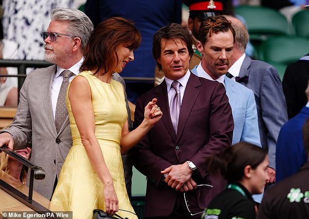 Meanwhile at Wimbledon, Cruise certainly charmed Benedict's wife of nine years, Sophie Hunter (2-L), who wore a sleeveless yellow dress