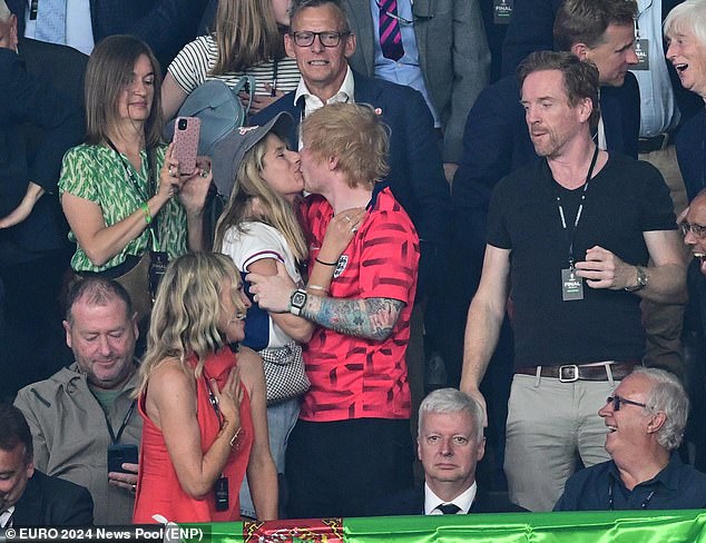 Ed Sheeran and his wife Cherry Seaborn celebrated England's equaliser with Spain with a sweet kiss as they watched in the stands in Berlin to support the Three Lions in the 2024 Euros final on Sunday night