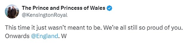 Posting from the official Kensington Palace account just seconds after the final whistle, he commiserated with the team