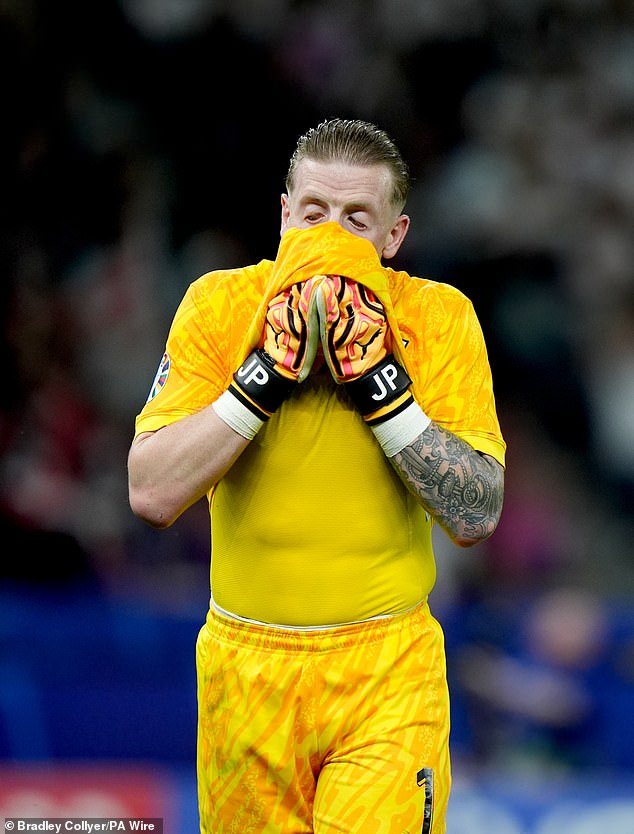 Jordan Pickford was left looking dejected having lost 2-1 to Spain