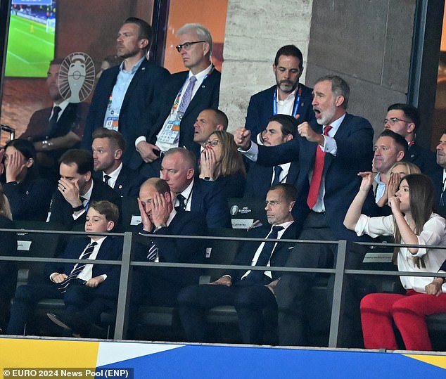 King Felipe seen jumping for joy as Prince William held his head in his hands following Spain's second goal