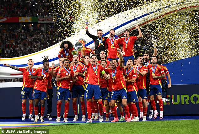 The Spanish celebrate in Berlin after winning the final of Euro 2024