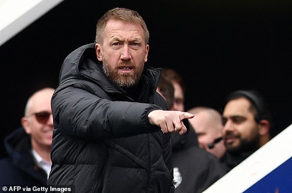 Chelsea's English head coach Graham Potter during the English Premier League football match between Leicester City and Chelsea at King Power Stadium in Leicester, central England on March 11, 2023. (Photo by DARREN STAPLES / AFP) / RESTRICTED TO EDITORIAL USE. No use with unauthorized audio, video, data, fixture lists, club/league logos or 'live' services. Online in-match use limited to 120 images. An additional 40 images may be used in extra time. No video emulation. Social media in-match use limited to 120 images. An additional 40 images may be used in extra time. No use in betting publications, games or single club/league/player publications. /  (Photo by DARREN STAPLES/AFP via Getty Images)