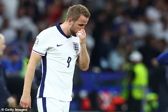 BERLIN, GERMANY - JULY 14:  Harry Kane of England reacts at the end of the UEFA EURO 2024 final match between Spain and England at Olympiastadion on July 14, 2024 in Berlin, Germany. (Photo by Chris Brunskill/Fantasista/Getty Images)