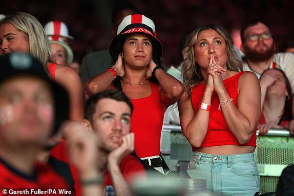 England fans show dejection at BOXPark Croydon in London during a screening of the UEFA Euro 2024 final between Spain and England. Picture date: Sunday July 14, 2024. PA Photo. See PA Story SOCCER England. Photo credit should read: Gareth Fuller/PA Wire.RESTRICTIONS: Use subject to restrictions. Editorial use only, no commercial use without prior consent from rights holder.