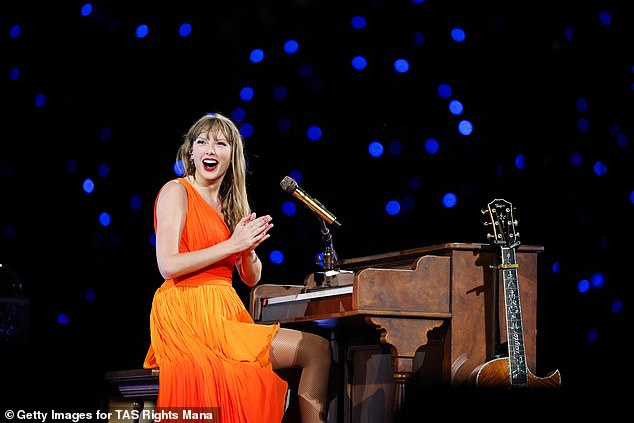 Taylor Swift, 34, continues to rack up milestones amid the historic sales her latest album The Tortured Poets Department has amassed. Pictured Saturday performing in Milan, Italy