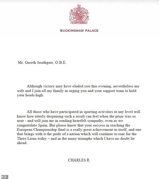 Pictured: King Charles' letter to Gareth Southgate in full. The message was published on X