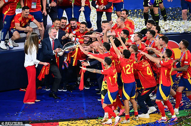 King Felipe VI of Spain and Leonor and Princess of Asturias celebrate with the trophy and the team after winning Euro 2024