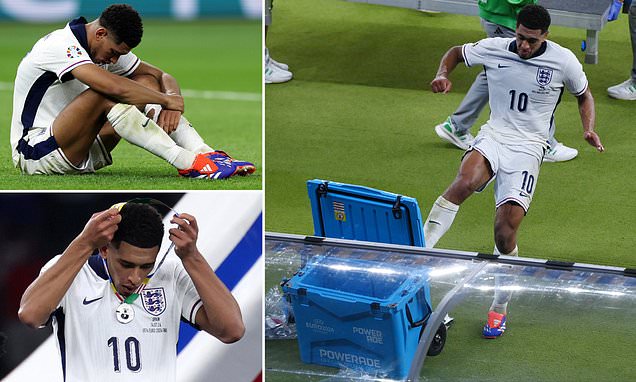 Furious Jude Bellingham can't hide his anger as he kicks a drinks cooler after England's