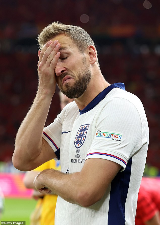 Pictured: England captain Harry Kane looks devastated as England lose to Spain Euros 2024 final in Berlin