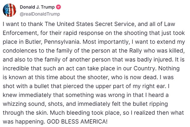 In a post to Truth Social, Trump said his thoughts are with the family of the rally attendee who was killed as he offered details of the shooting