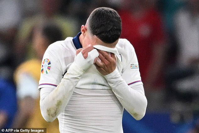 Phil Foden appeared to wipe his eyes with his shirt after Spain scored the 2-1 goal shortly before the match ended